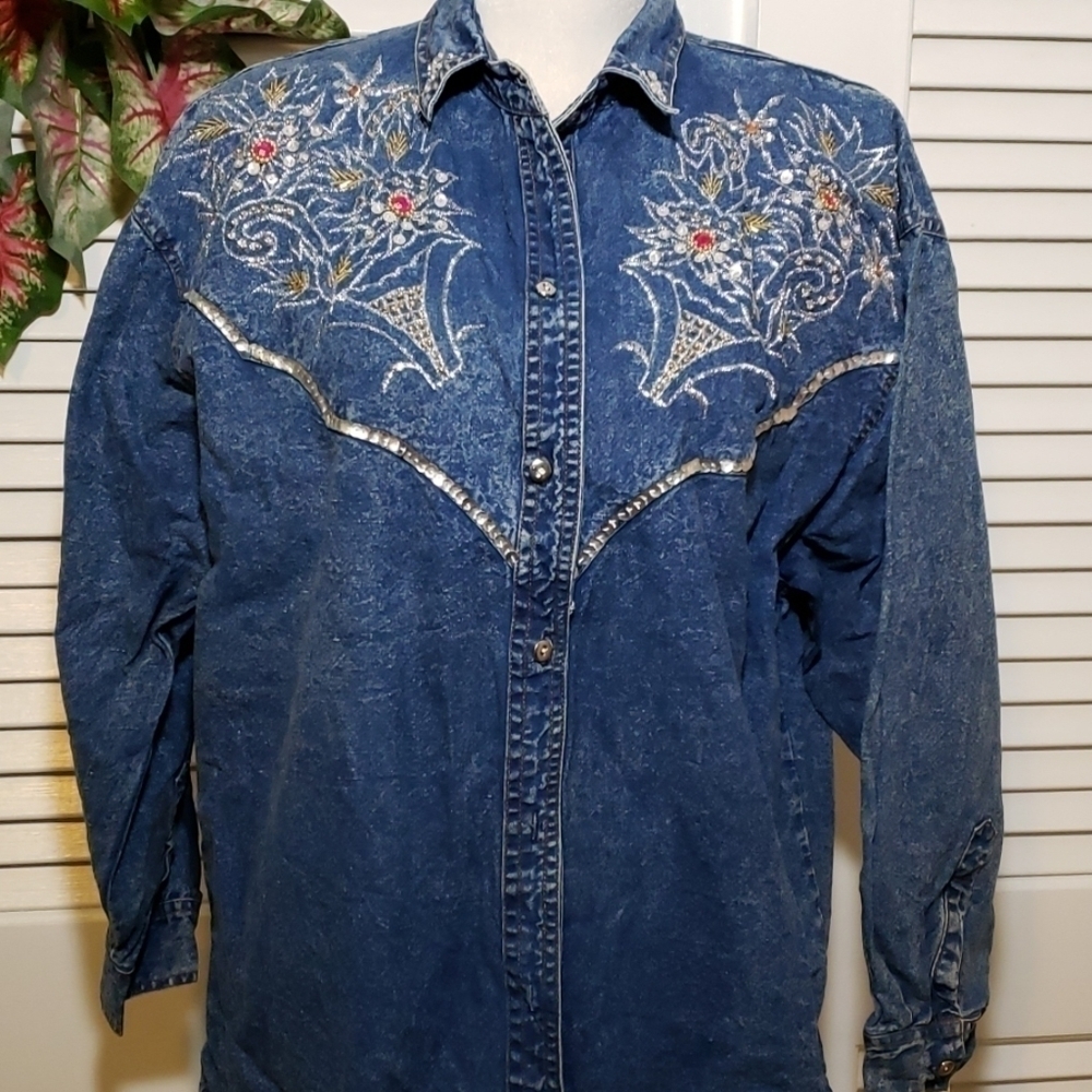 PRETTY BLEU Sequin Western Denim Shirt VGU Large Oversized Vintage